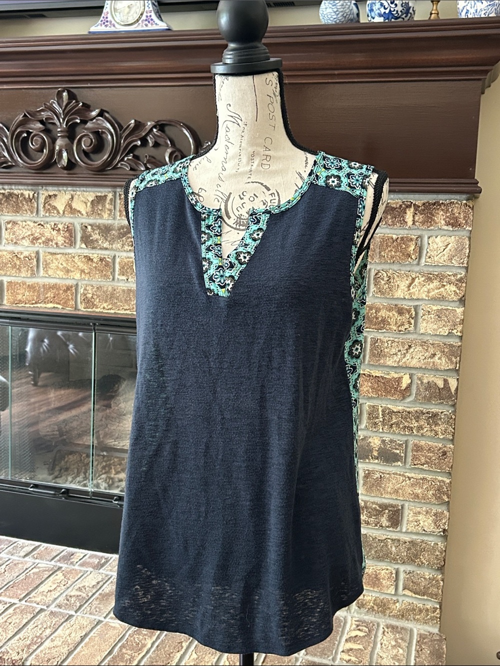 Sleeveless Navy Blue Sleeveless Blouse Tank Teal Floral Medallion Tile Print